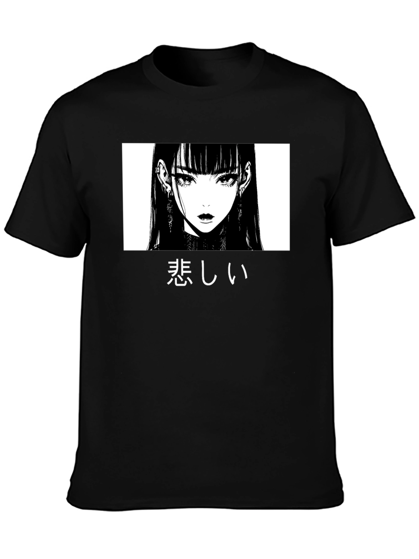 Black Sad Anime Girl Graphic T-Shirt view 3