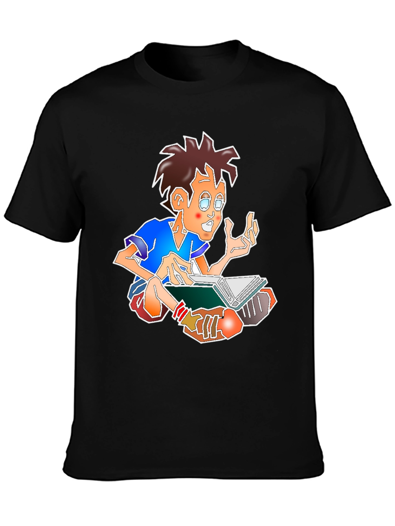Black Cartoon Boy Reading Book Black Tee view 3