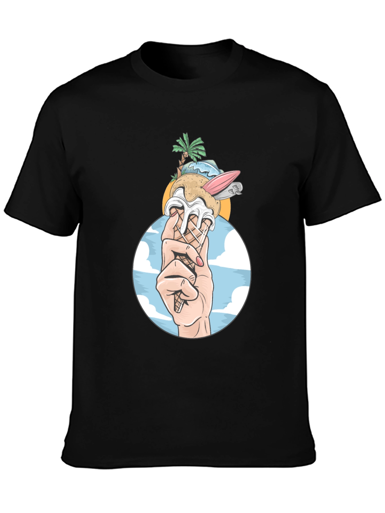 Black Tropical Ice Cream Cone Graphic Tee - Black Cotton Shirt view 3