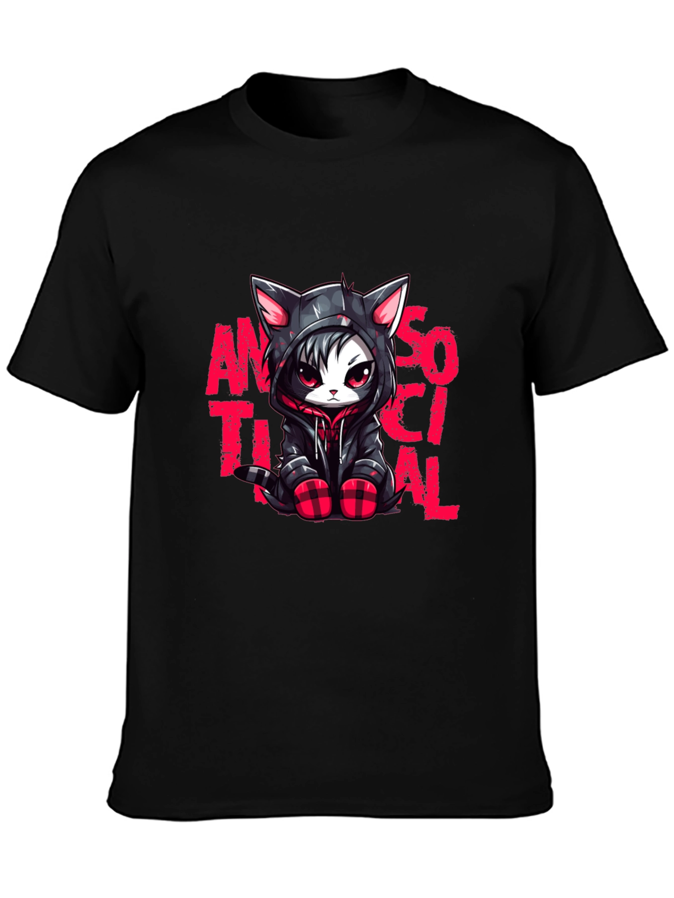 Black Antisocial Cat Graphic Black T-Shirt view 3