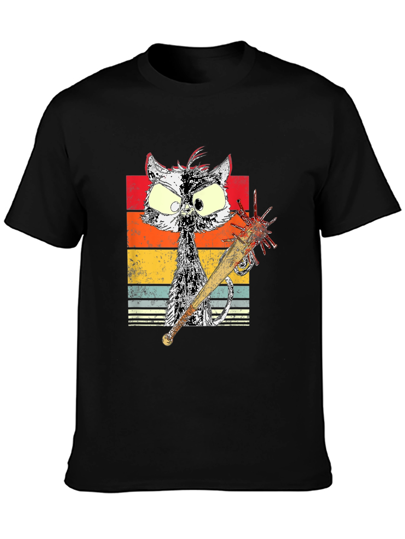 Black Retro Cat with Spiked Bat Graphic Tee view 3