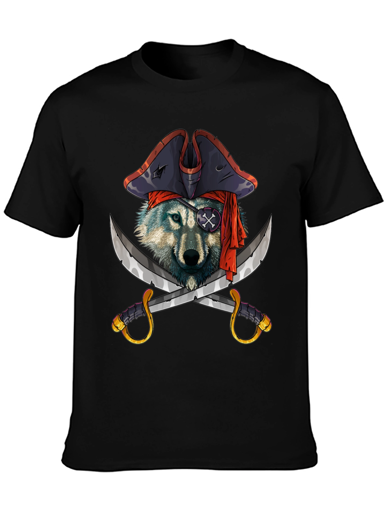 Black Pirate Wolf Graphic T-Shirt - Black Cotton Tee view 3