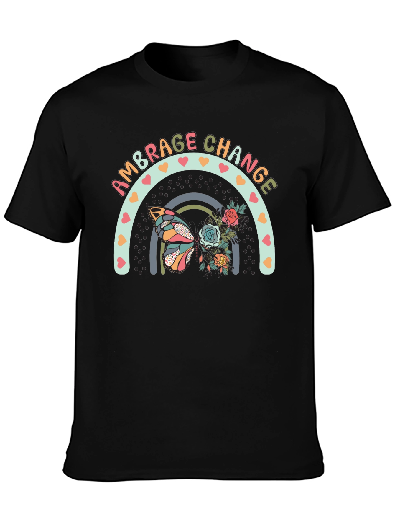 Black Embrace Change Butterfly Rainbow Graphic Tee view 3