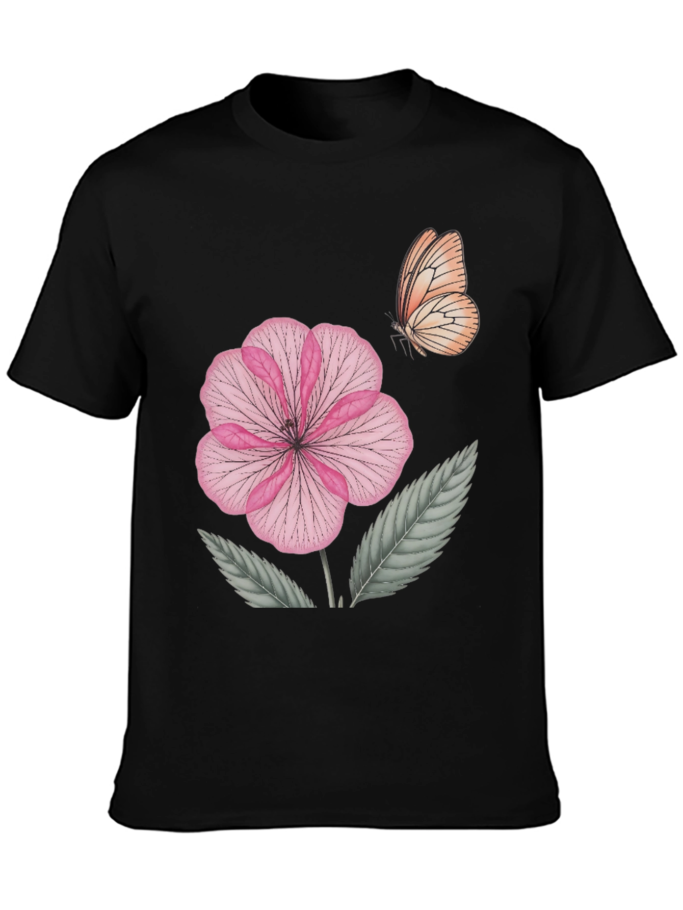 Black Floral Butterfly Print Black T-Shirt view 3