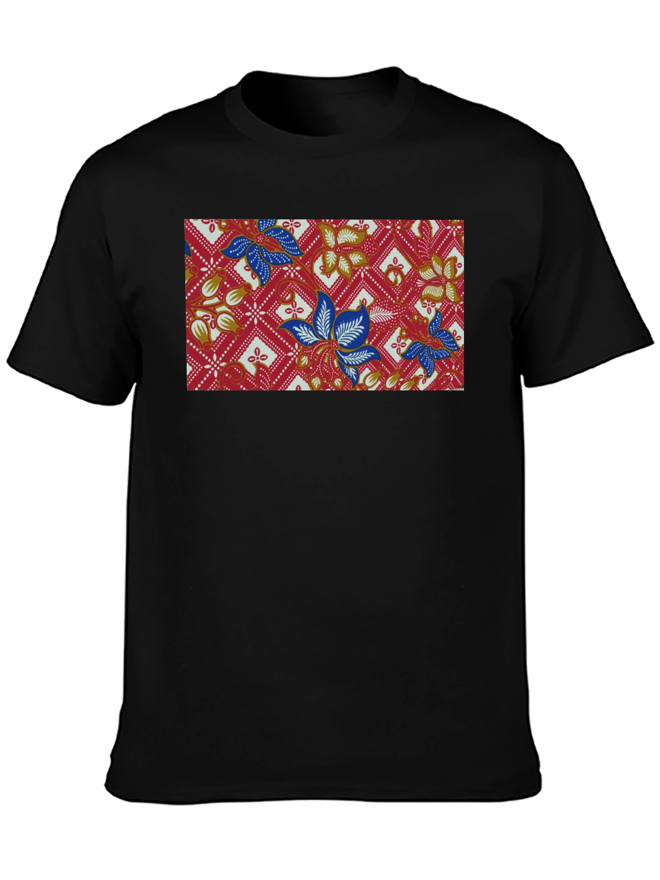 Black Batik Floral Pattern Black T-Shirt view 3