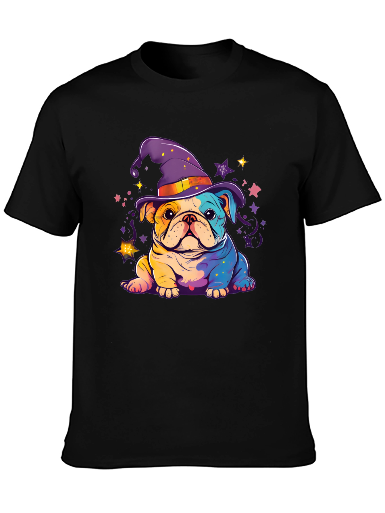 Black Bulldog Witch Hat T-Shirt view 3