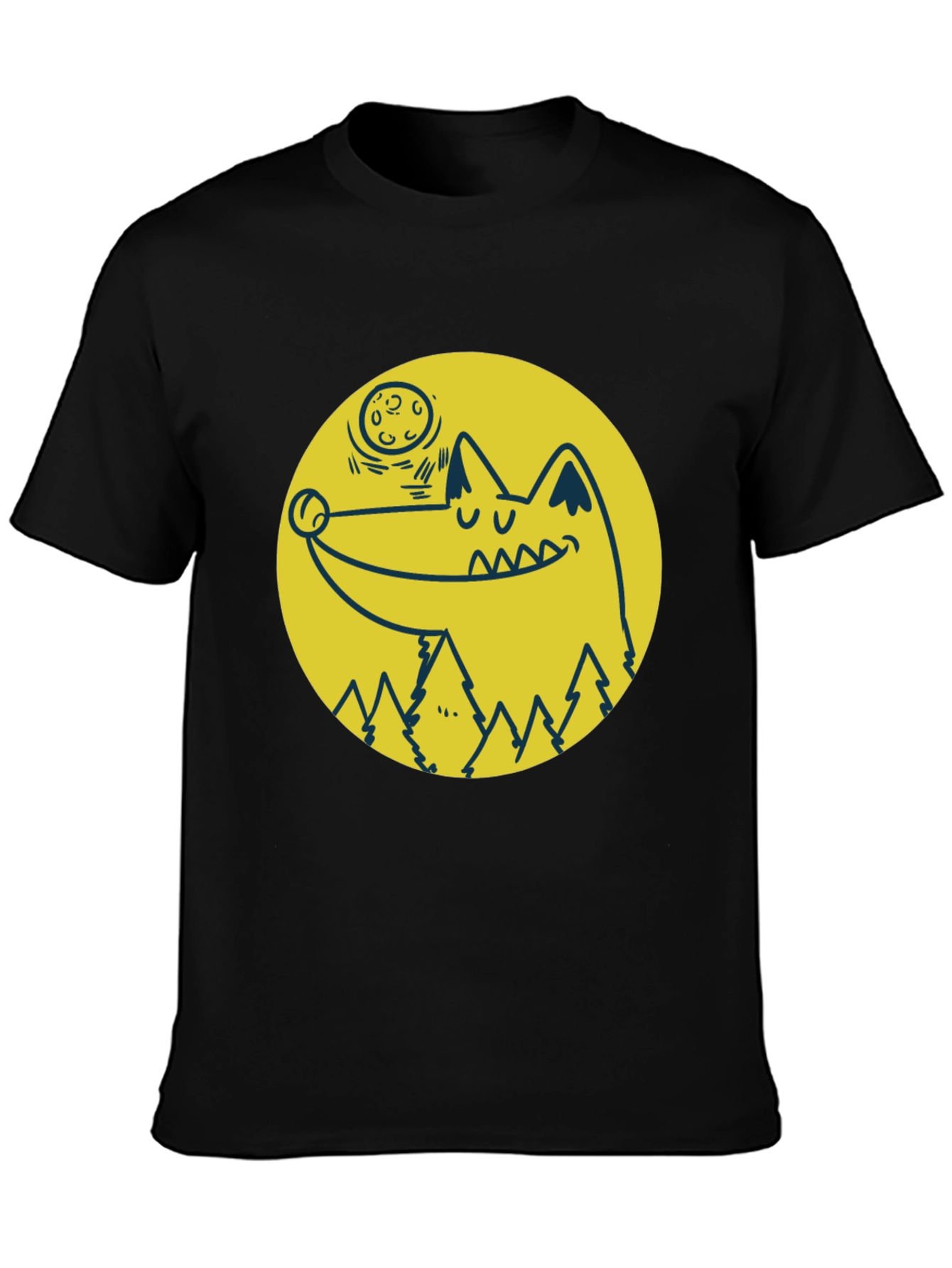 Black Wolf & Moon Graphic Tee - Black Cotton T-Shirt view 3