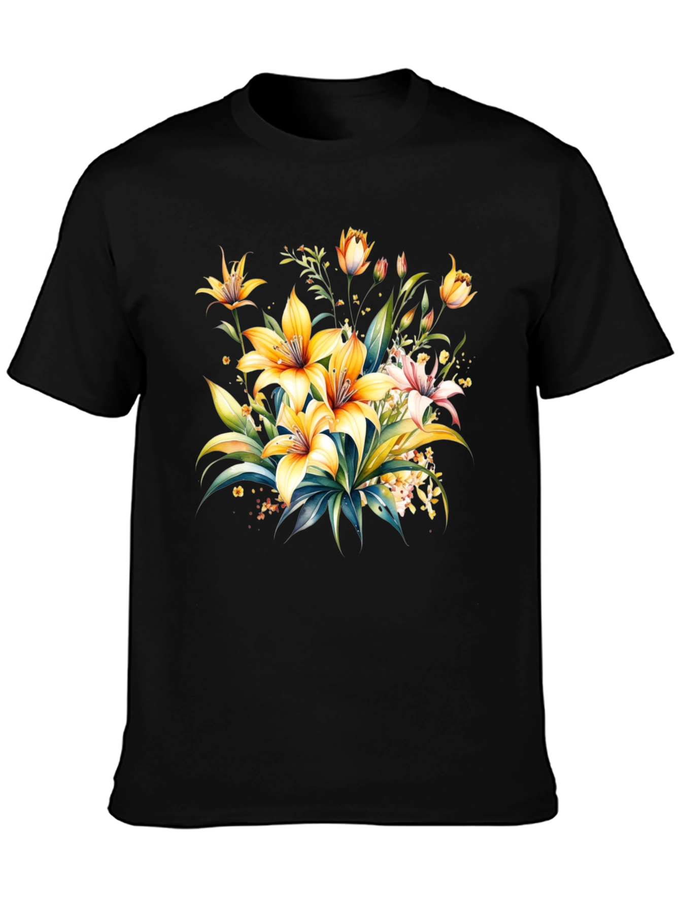 Black Floral Lily Graphic Tee - Black Cotton T-Shirt view 3