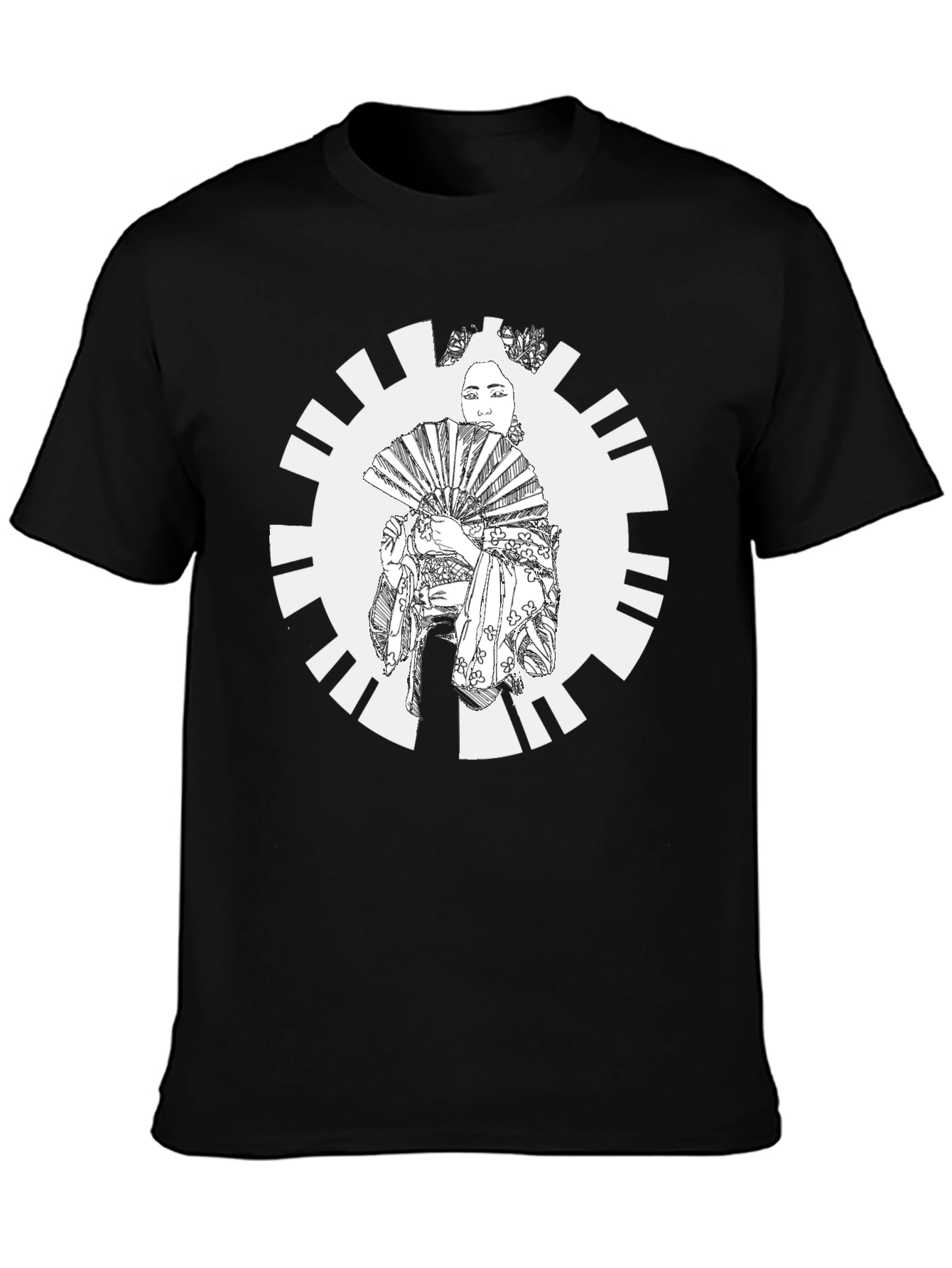 Black Geisha Fan Graphic Tee - Black Cotton Casual Wear view 3