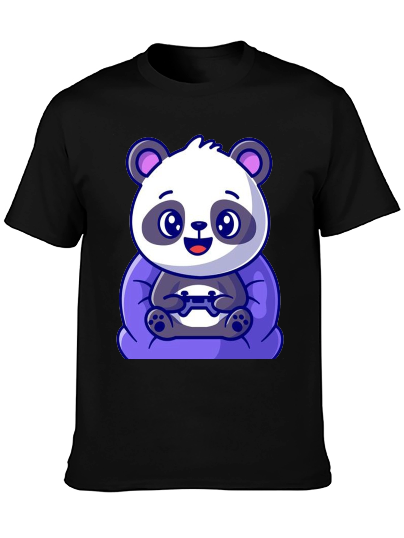 Black Cute Gamer Panda T-Shirt - Black Cotton Tee view 3