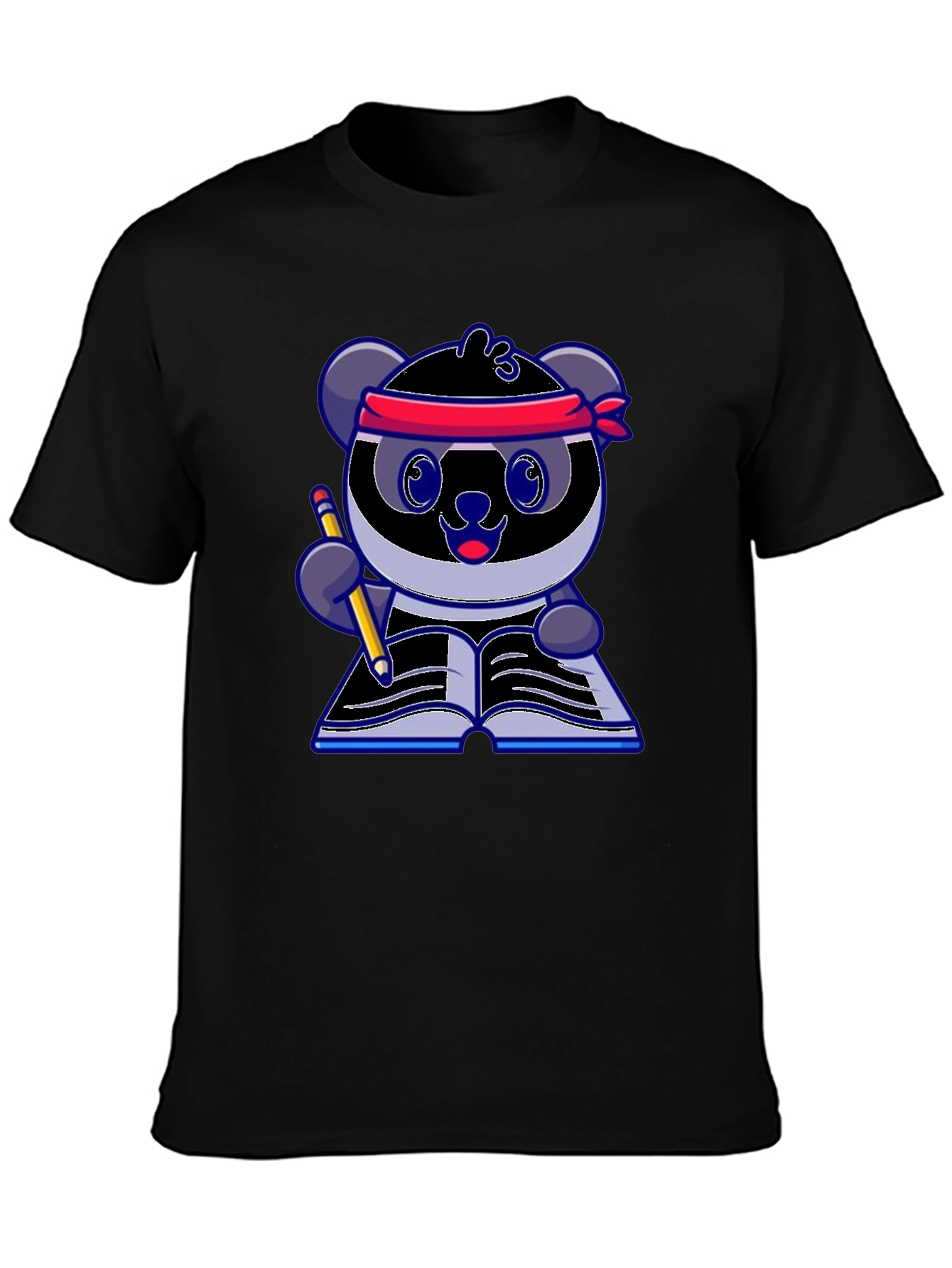 Black Cartoon Panda Reading Book Black T-Shirt view 3