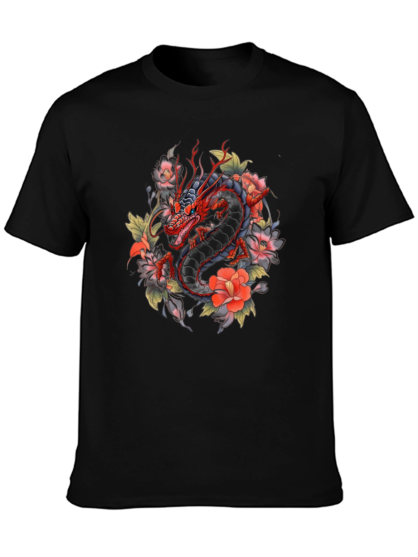 Black Dragon and Floral Graphic Tee - Black Cotton Blend view 3