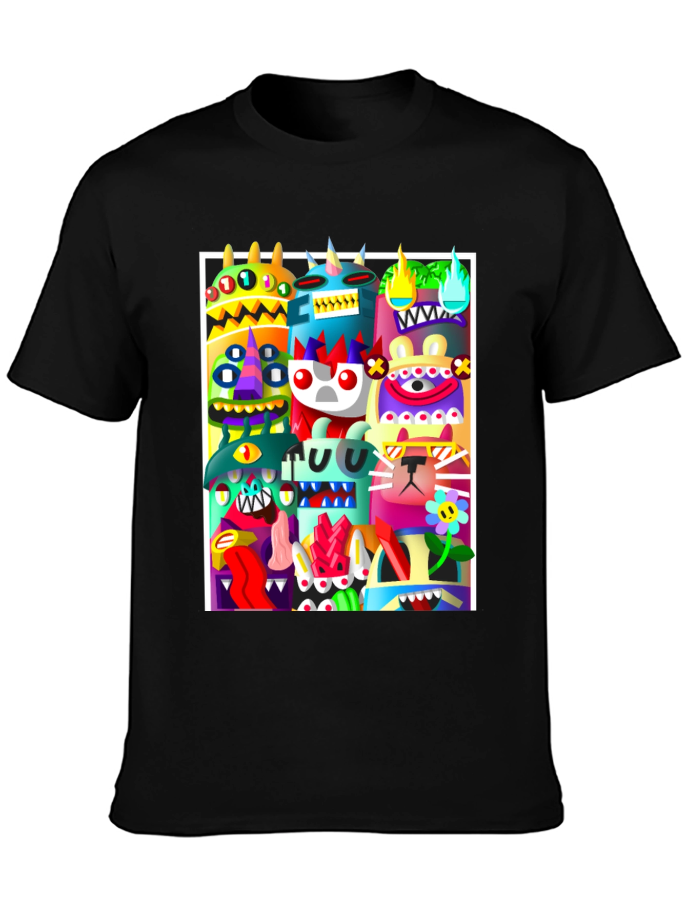 Black Colorful Cartoon Monster Graphic Print Black T-Shirt view 3