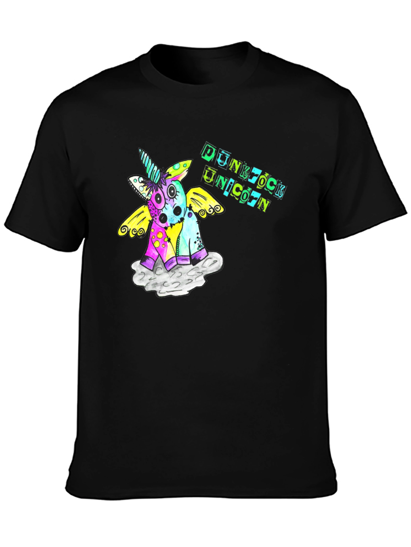 Black Punk Rock Unicorn Graphic Black T-Shirt view 3
