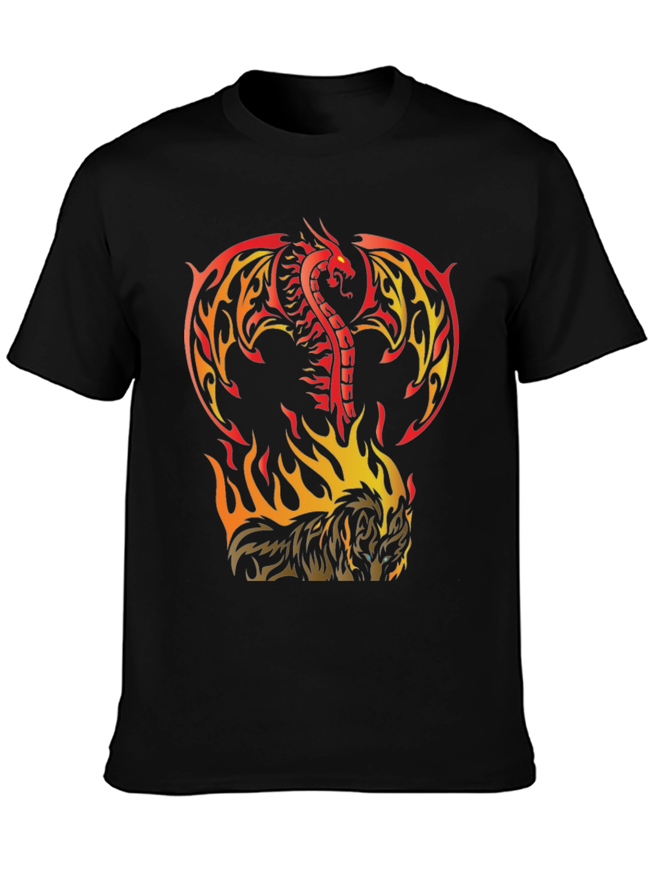 Black Fiery Dragon & Wolf Graphic Black T-Shirt view 3