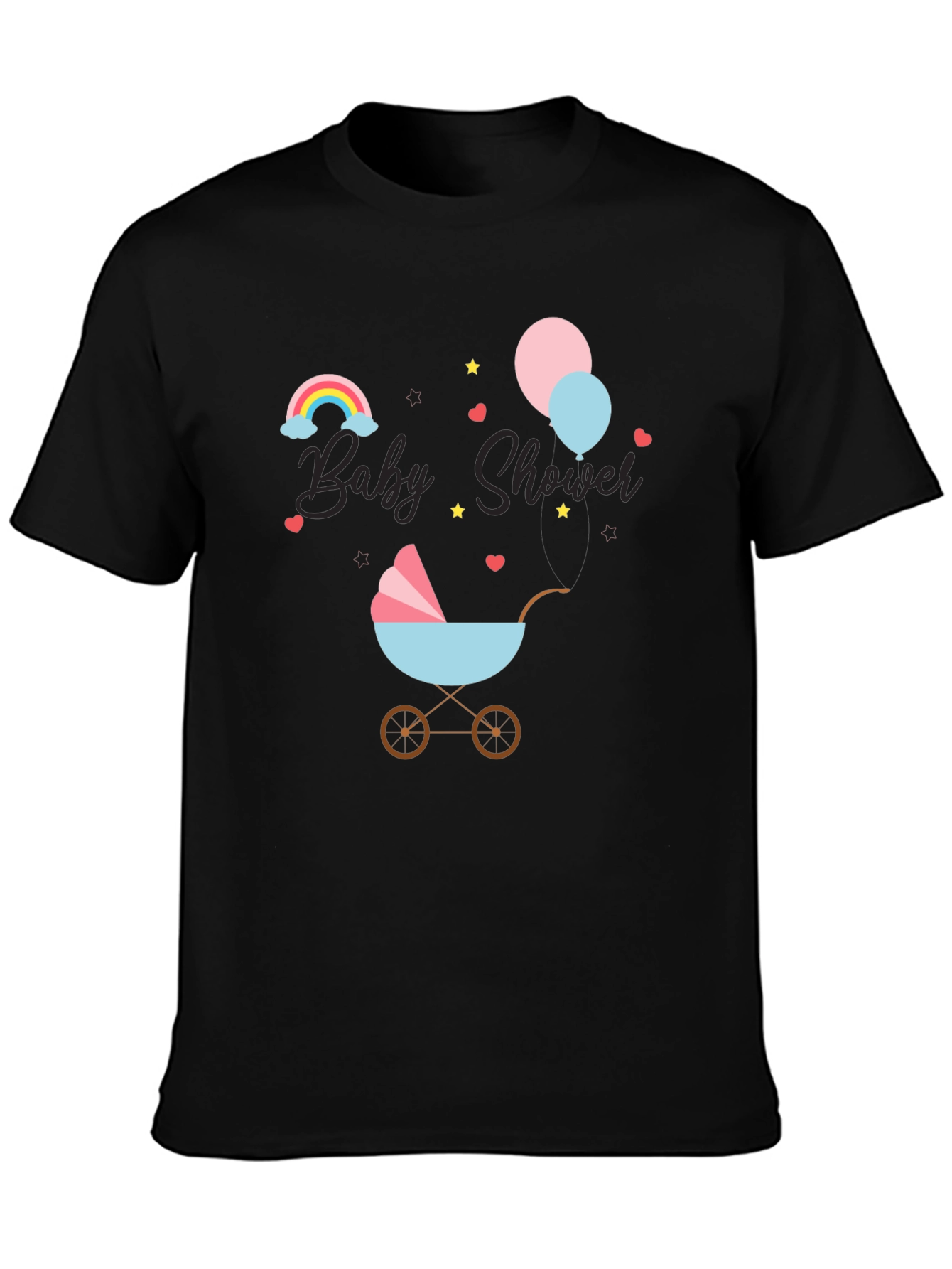 Black Baby Shower T-Shirt with Rainbow & Stroller Design view 3