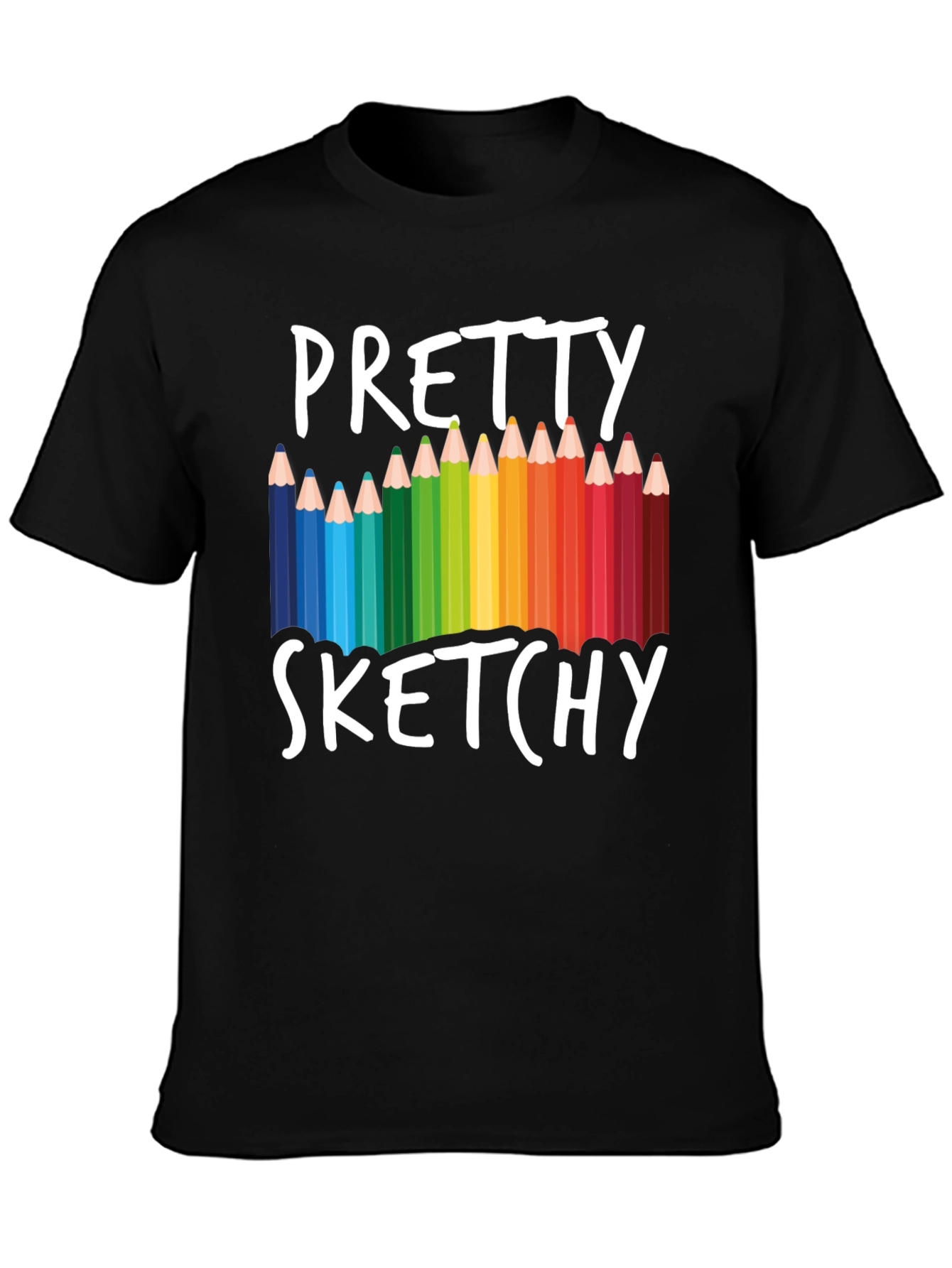 Black Pretty Sketchy T-Shirt, Colorful Pencil Design Tee view 3