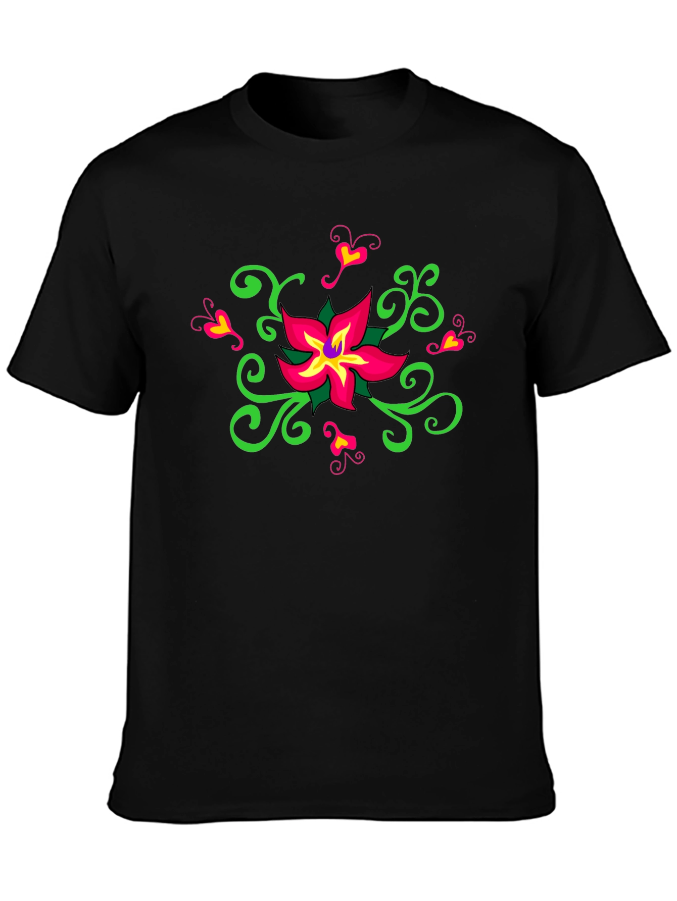 Black Floral Design Black T-Shirt view 3