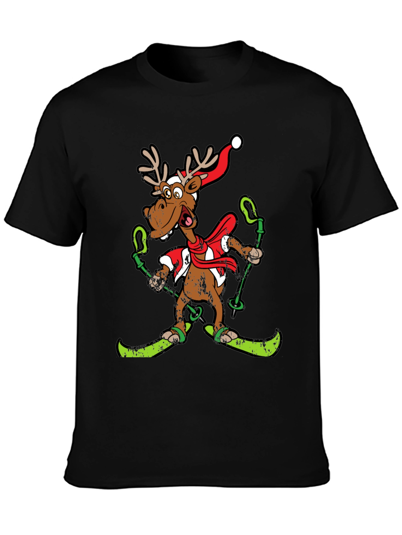 Black Funny Skiing Reindeer T-Shirt Holiday Christmas Tee view 3