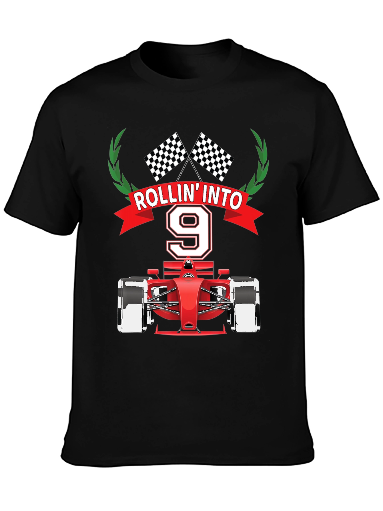 Black Rollin' Into 9 T-Shirt, Race Car Birthday Tee view 3