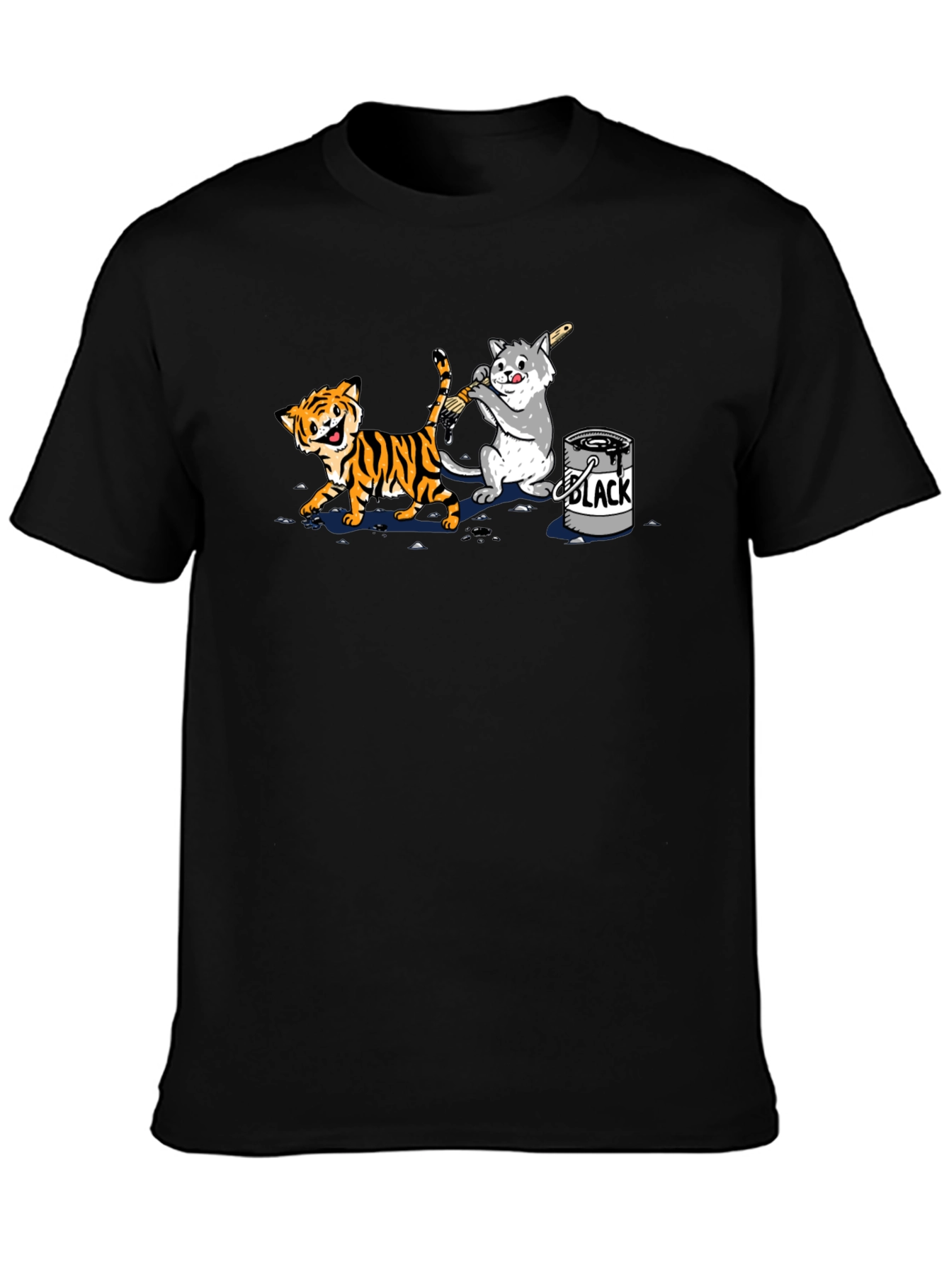 Black Funny Cartoon Cat and Tiger Black T-Shirt view 3