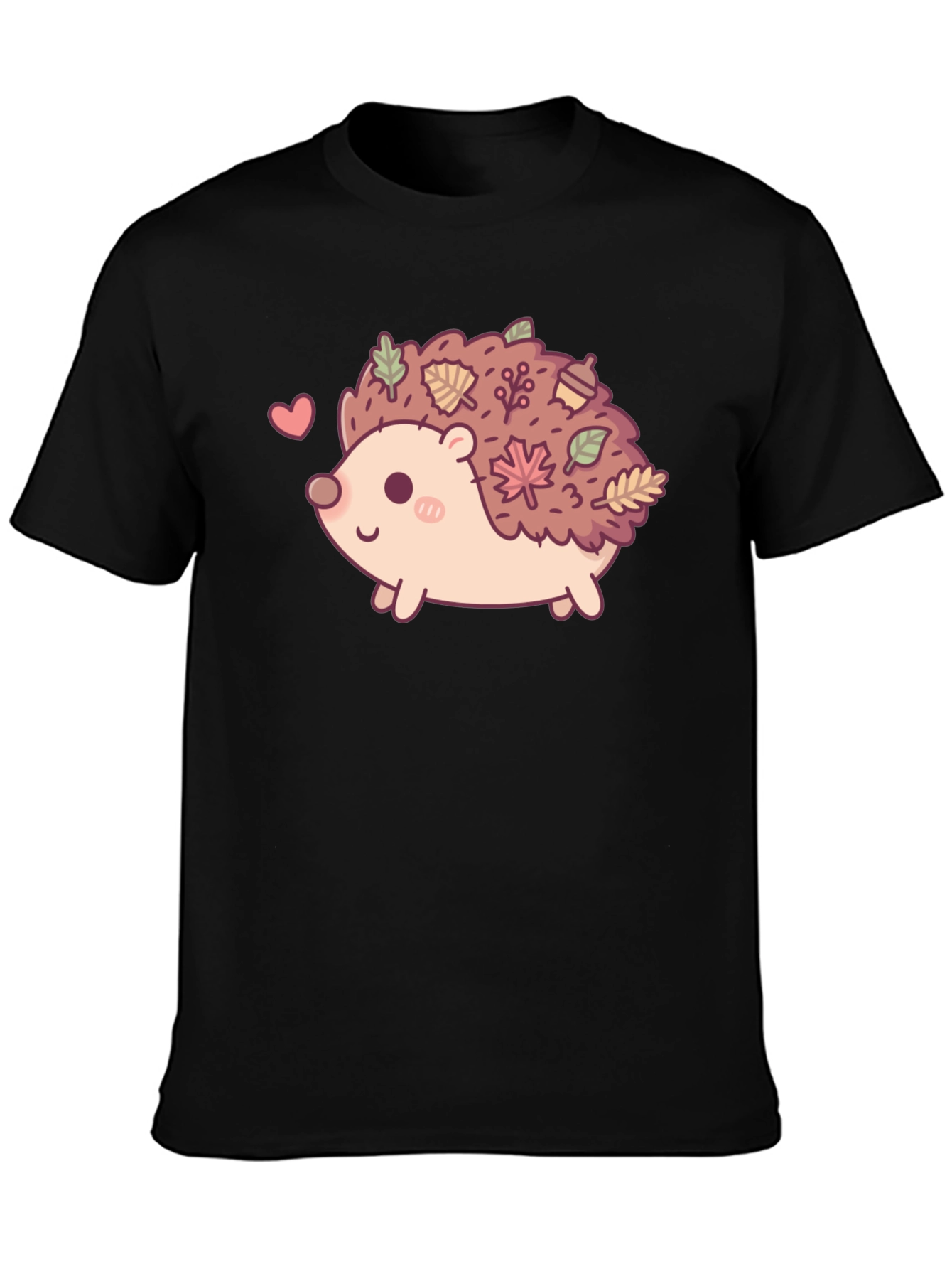 Black Cute Hedgehog Leaves Graphic Tee - Black view 3