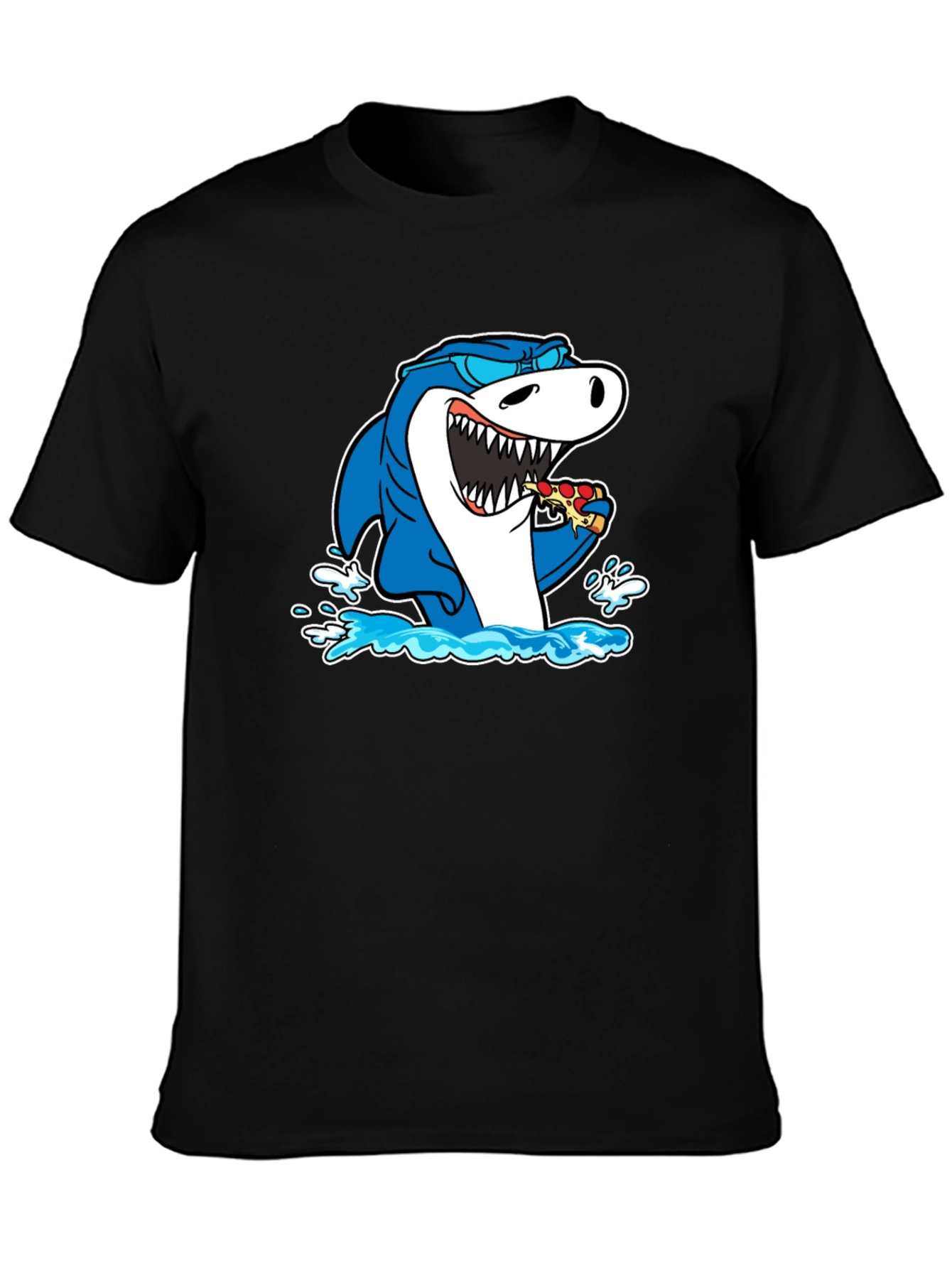 Black Shark Eating Pizza T-Shirt - Black Cotton Graphic Tee view 3