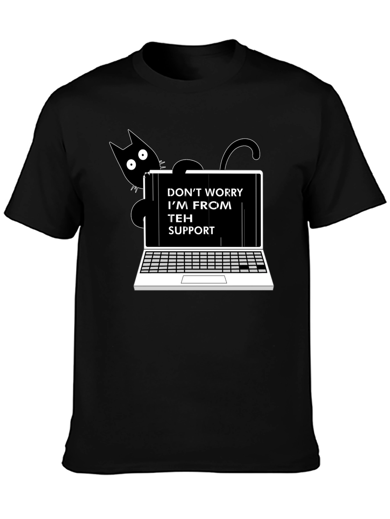 Black Funny "Teh Support" Cat Laptop Graphic Tee view 3
