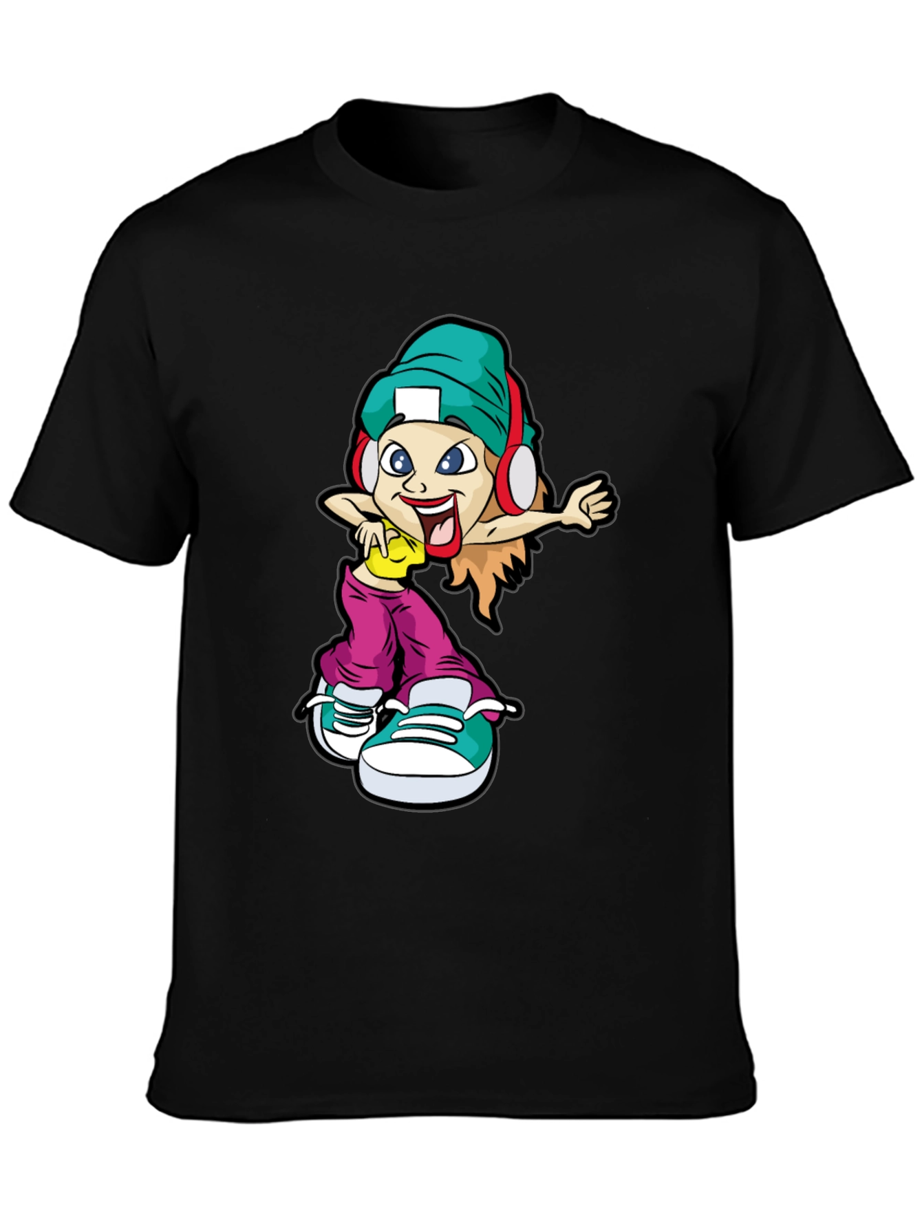 Black Cool Cartoon Girl Black T-Shirt view 3