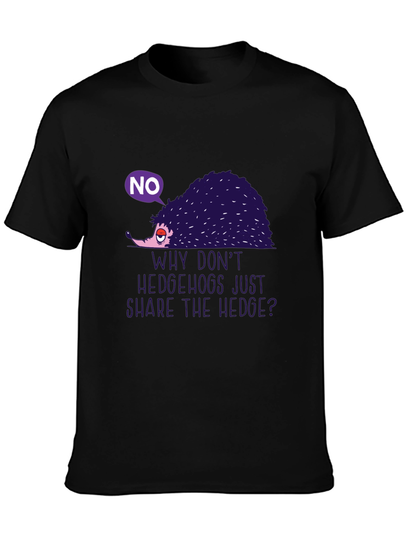 Black Humorous Hedgehog Graphic Tee - "Why Don't Hedgehogs Just Share The Hedge?" view 3