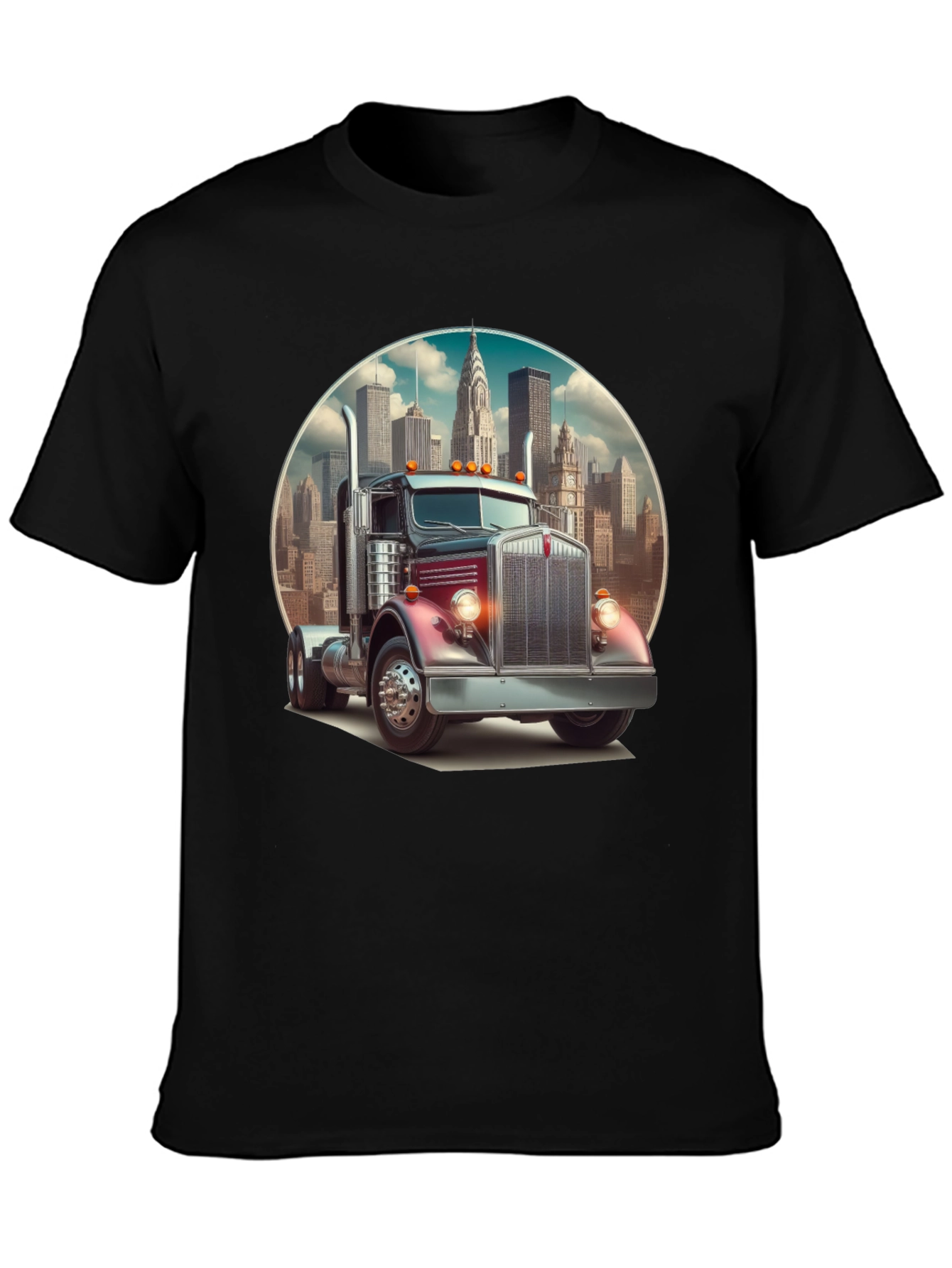Black Trucker Tee: Vintage Big Rig & Cityscape view 3