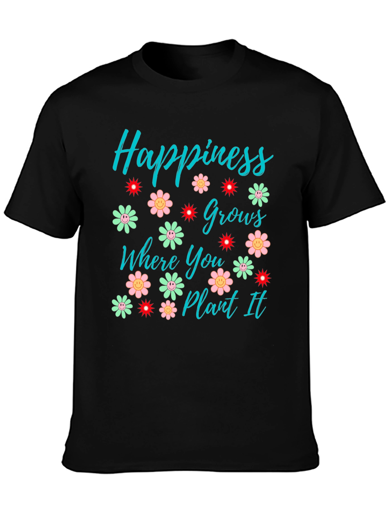 Black Happiness Grows T-Shirt - Floral Graphic Tee view 3