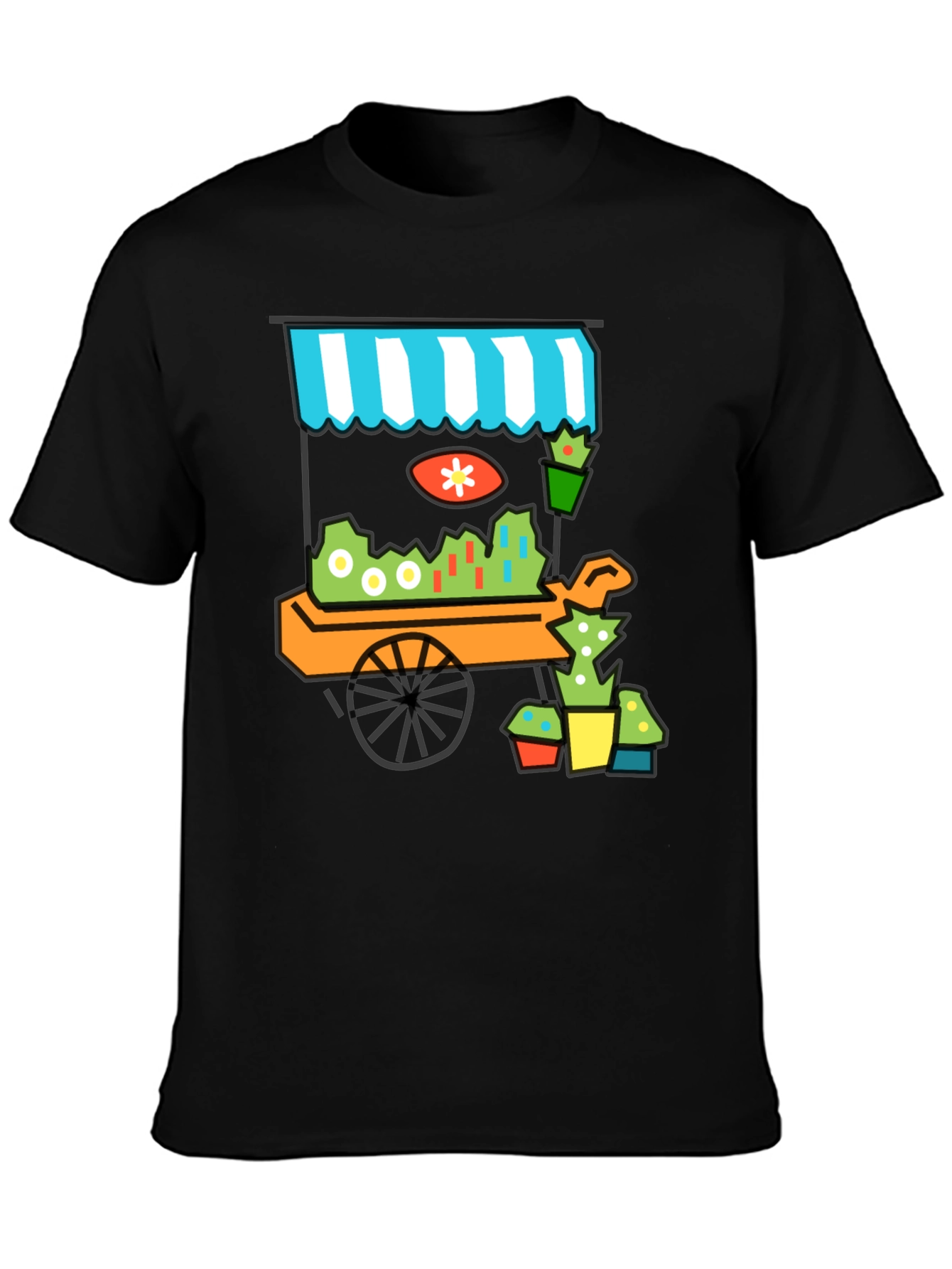 Black Whimsical Market Cart T-Shirt - Black Cotton Tee view 3