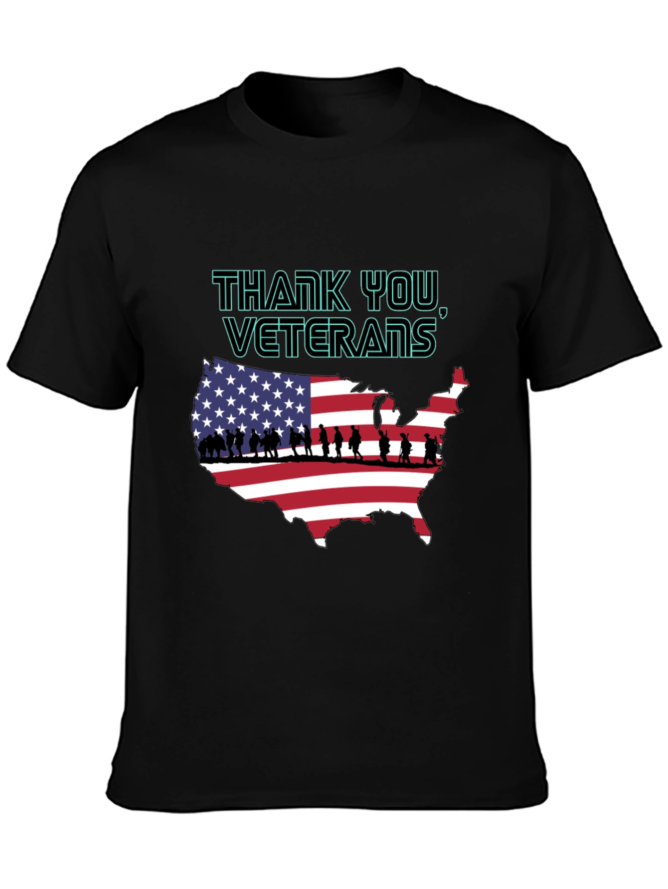 Black Thank You Veterans USA Map T-Shirt view 3