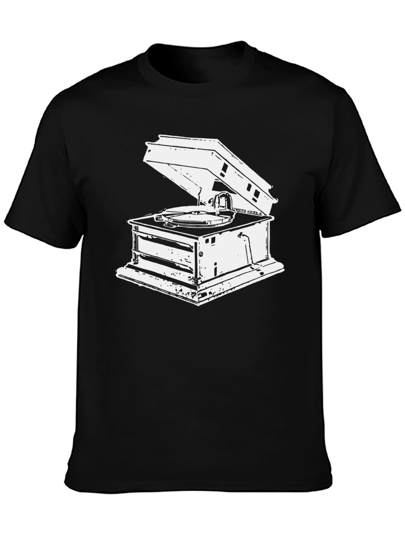 Black Vintage Gramophone Graphic Tee - Black Cotton T-Shirt view 3