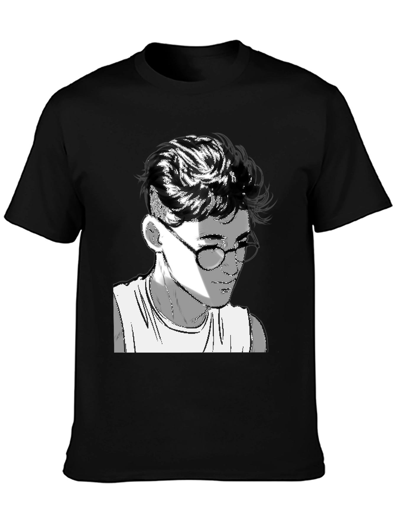 Black Men's Black Graphic Tee - Retro Anime Design view 3