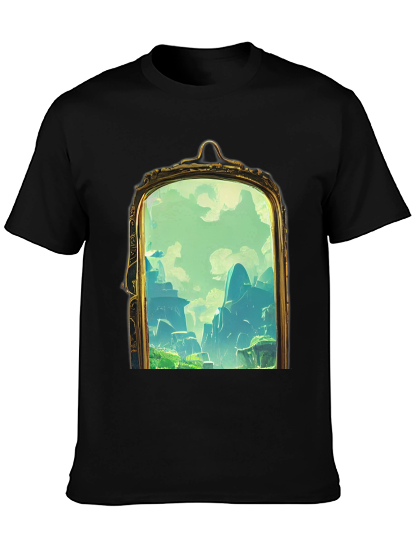 Black Black T-Shirt with Framed Landscape Design view 3