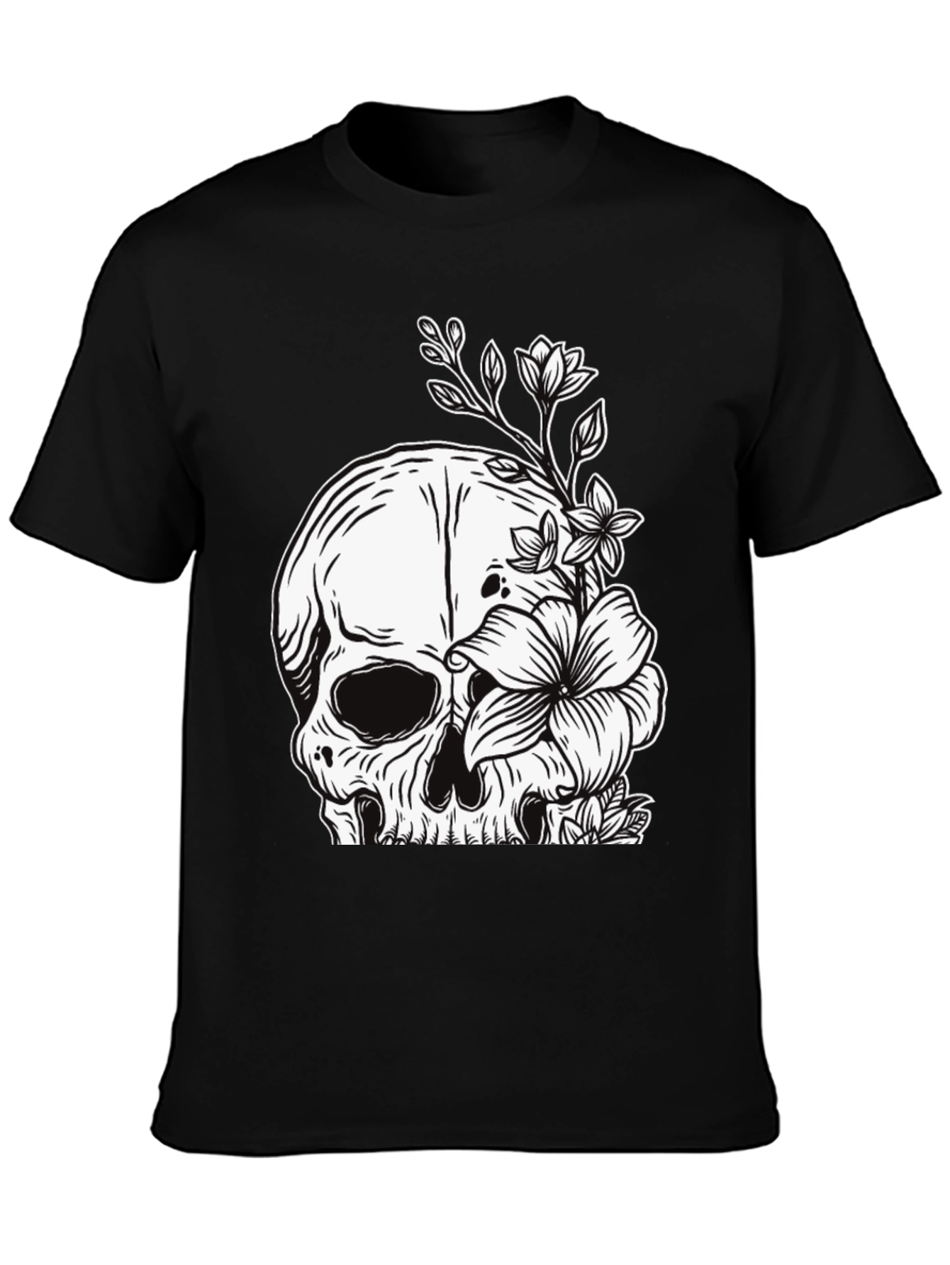 Black Skull and Flowers Graphic Black T-Shirt view 3
