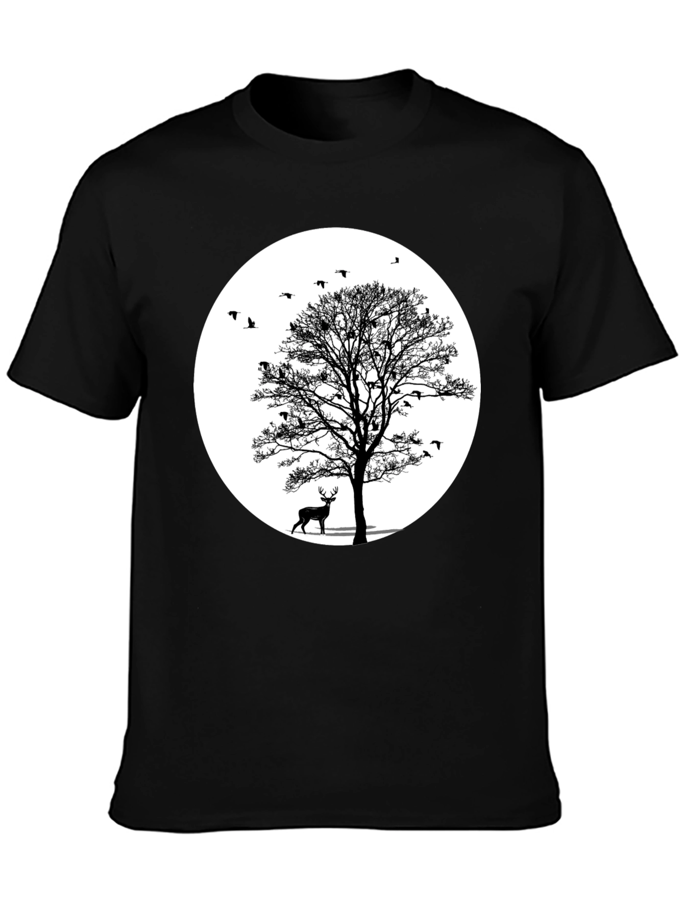 Black Nature Scene Graphic Tee - Deer and Birds view 3