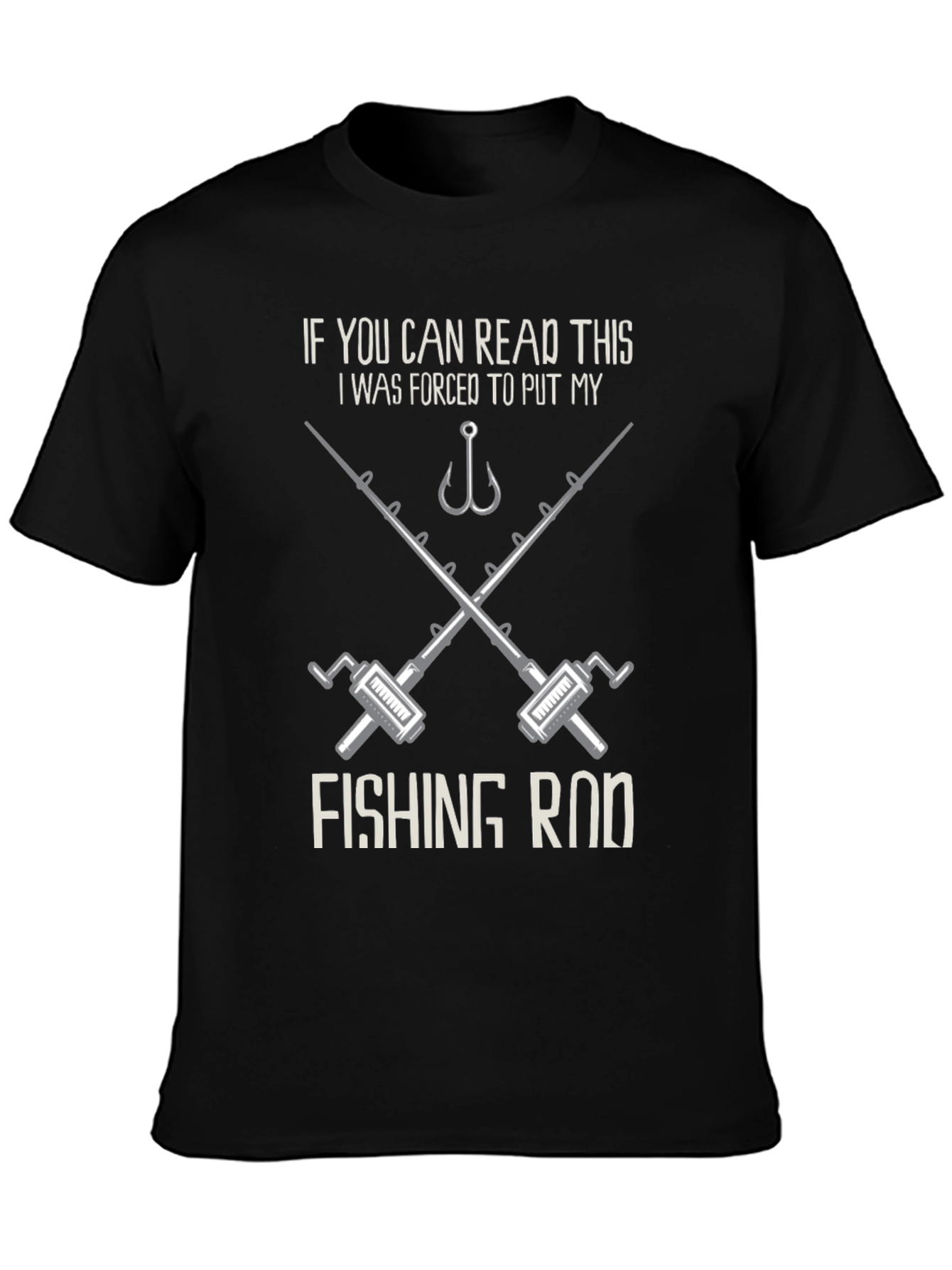 Black Fishing Rod Forced Funny Graphic Tee Shirt view 3