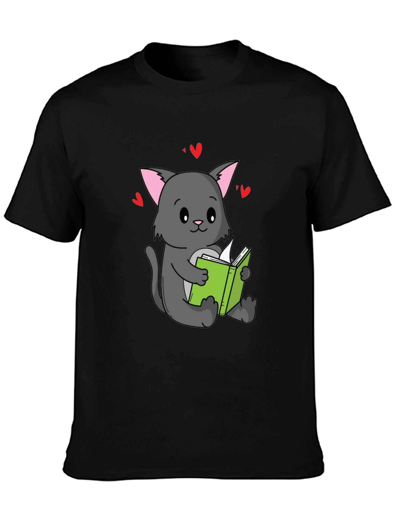 Black Cute Cat Reading Book T-Shirt - Unisex view 3