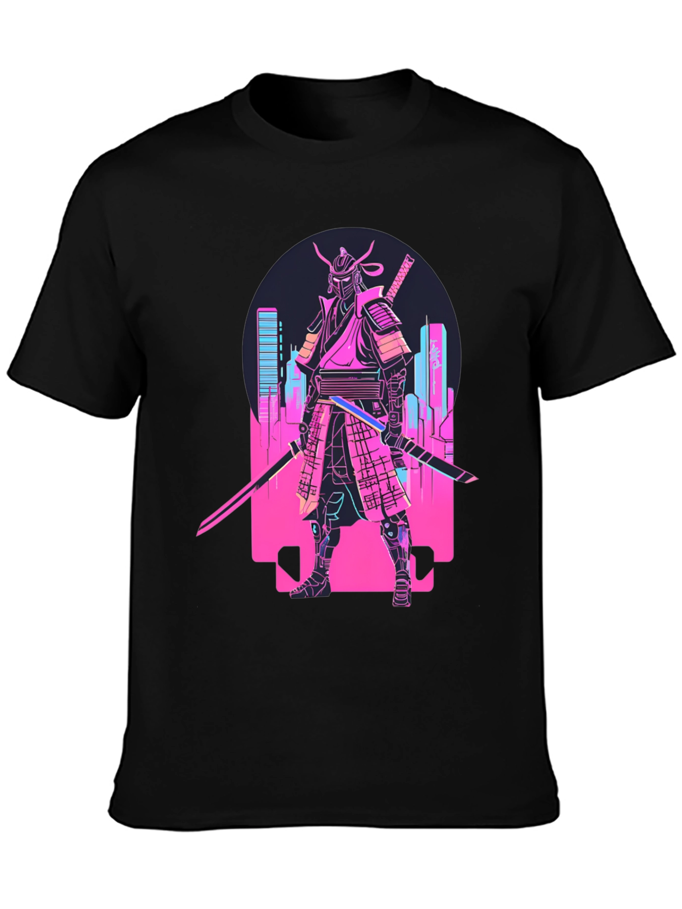 Black Cyberpunk Samurai T-Shirt - Neon City Warrior view 3