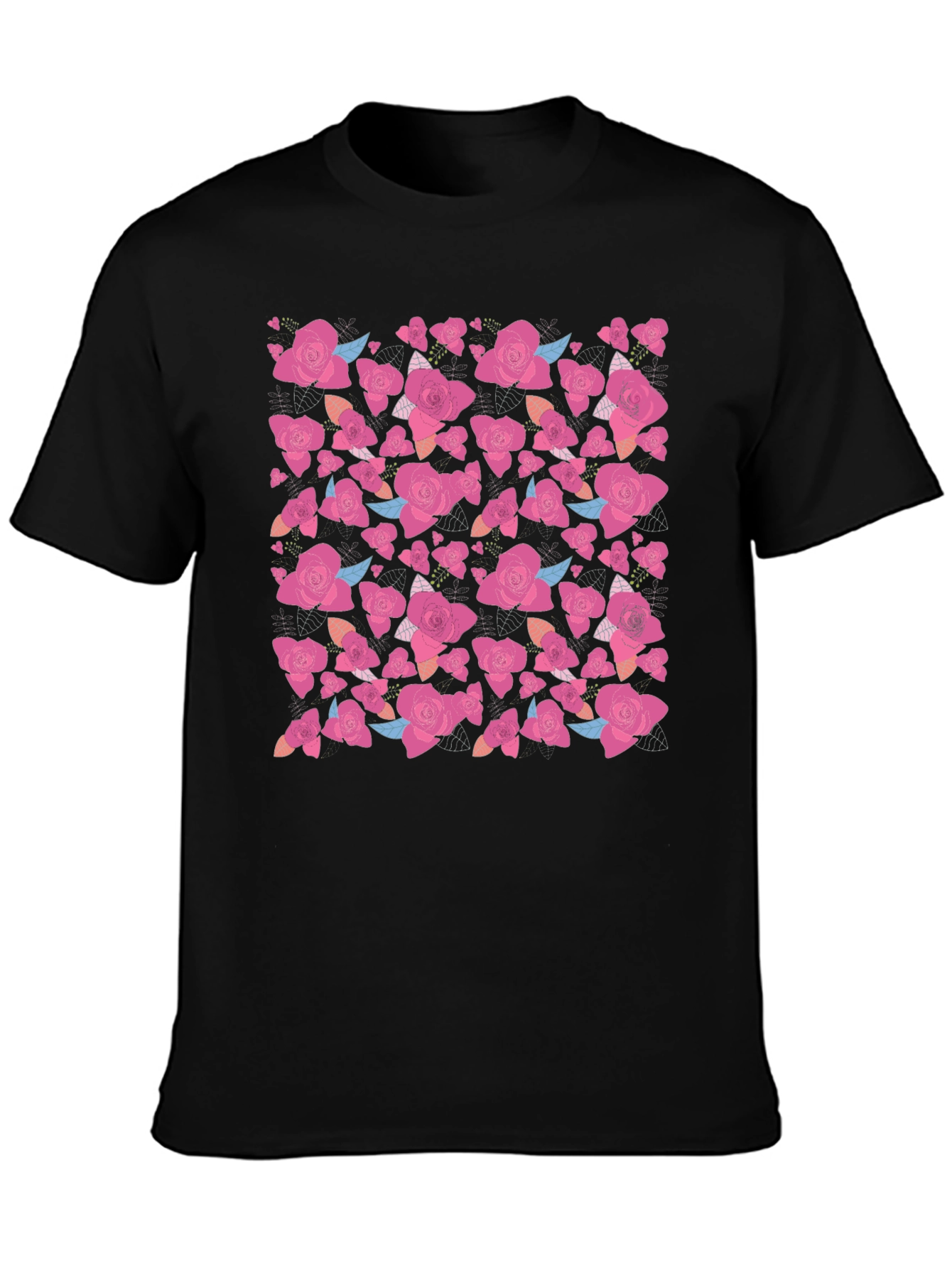 Black Floral Rose Print Black T-Shirt view 3