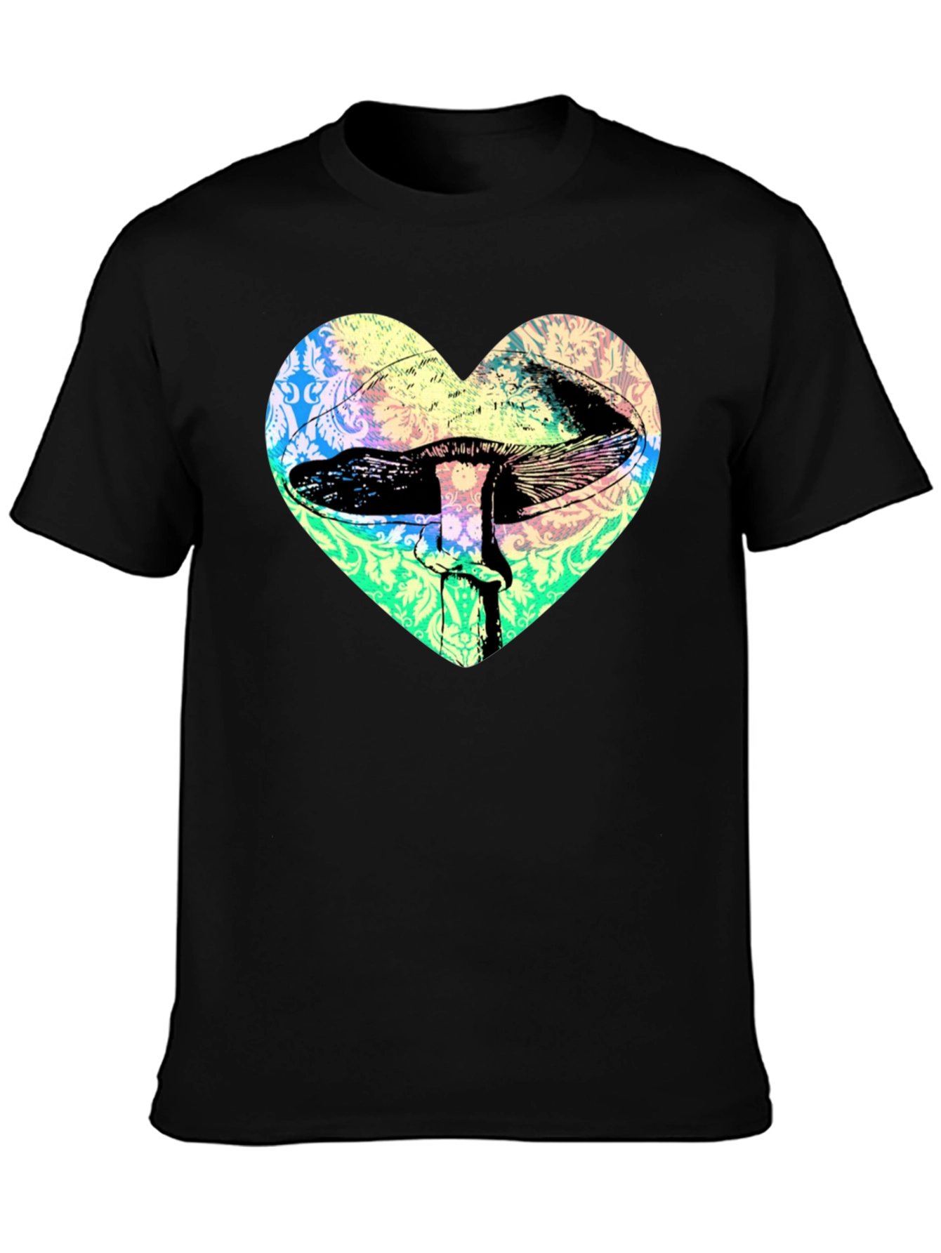 Black Psychedelic Mushroom Heart T-Shirt - Groovy Graphic Tee view 3