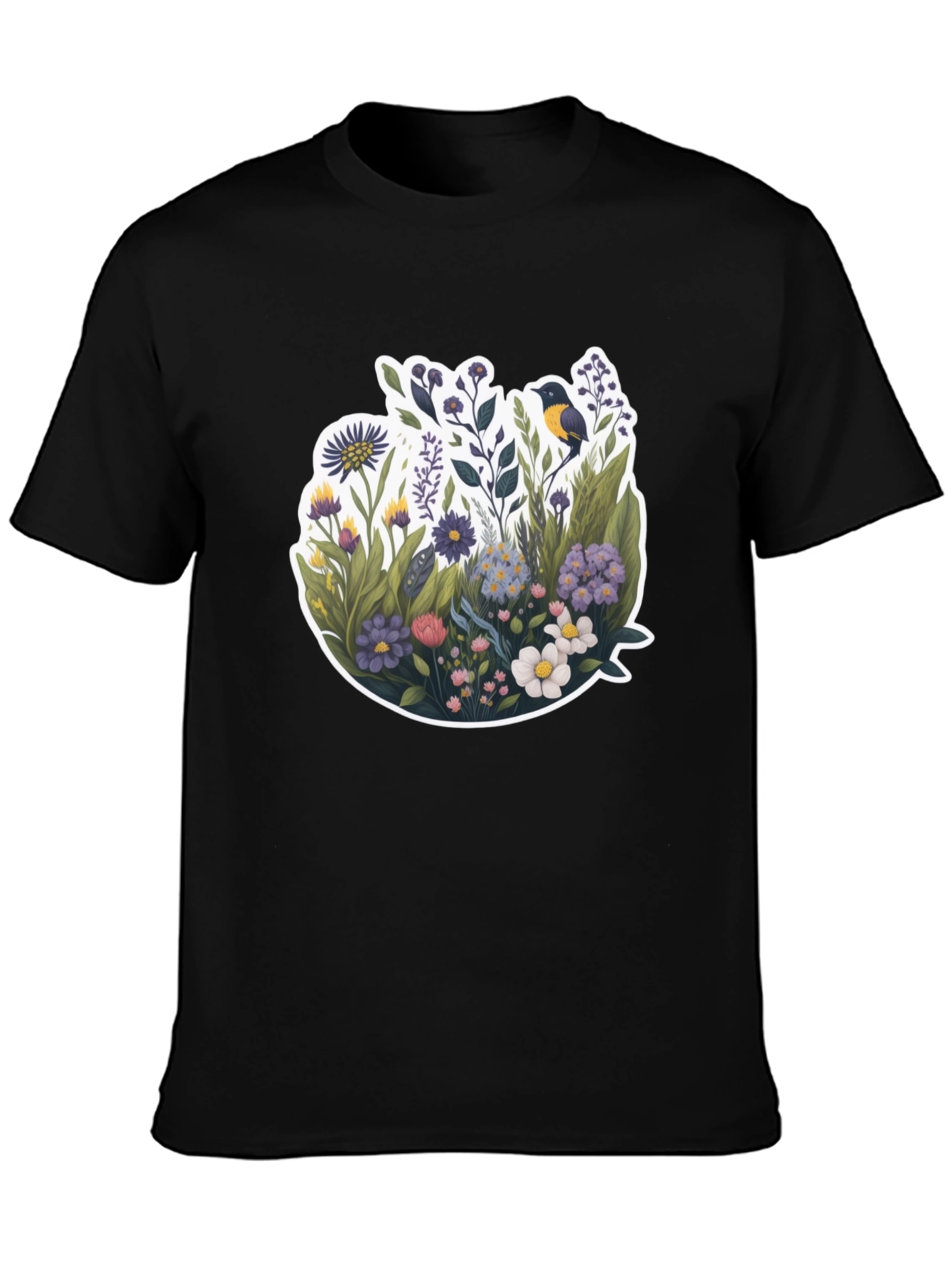 Black Floral Bird Graphic Black T-Shirt view 3