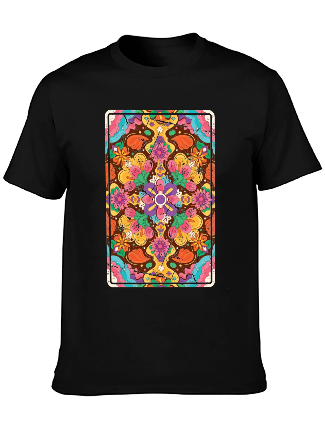 Black Floral Mandala Graphic Tee - Black Crew Neck T-Shirt view 3