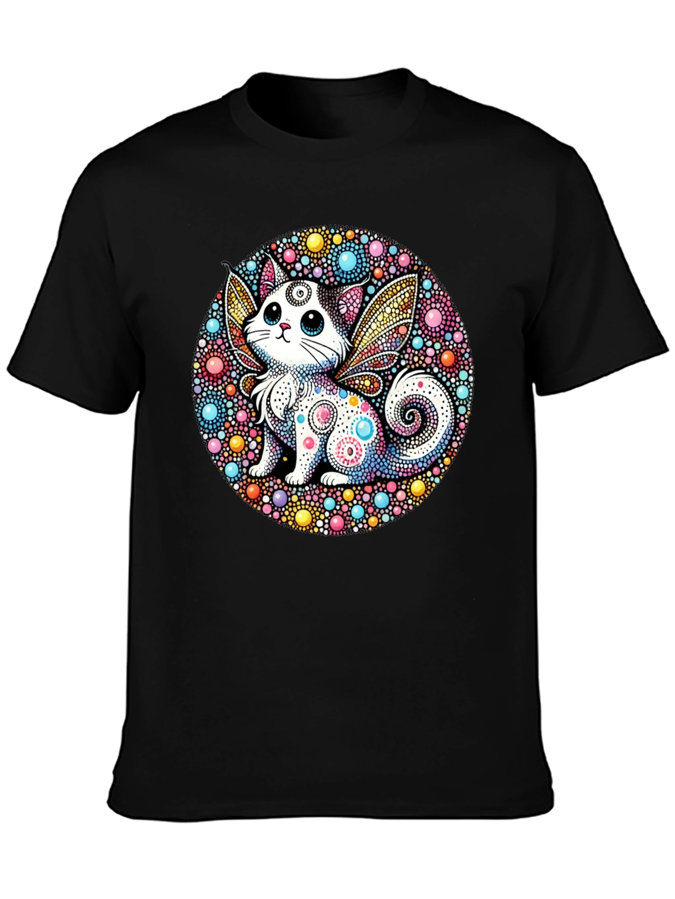 Whimsical Cat Fairy Black T-Shirt - 3