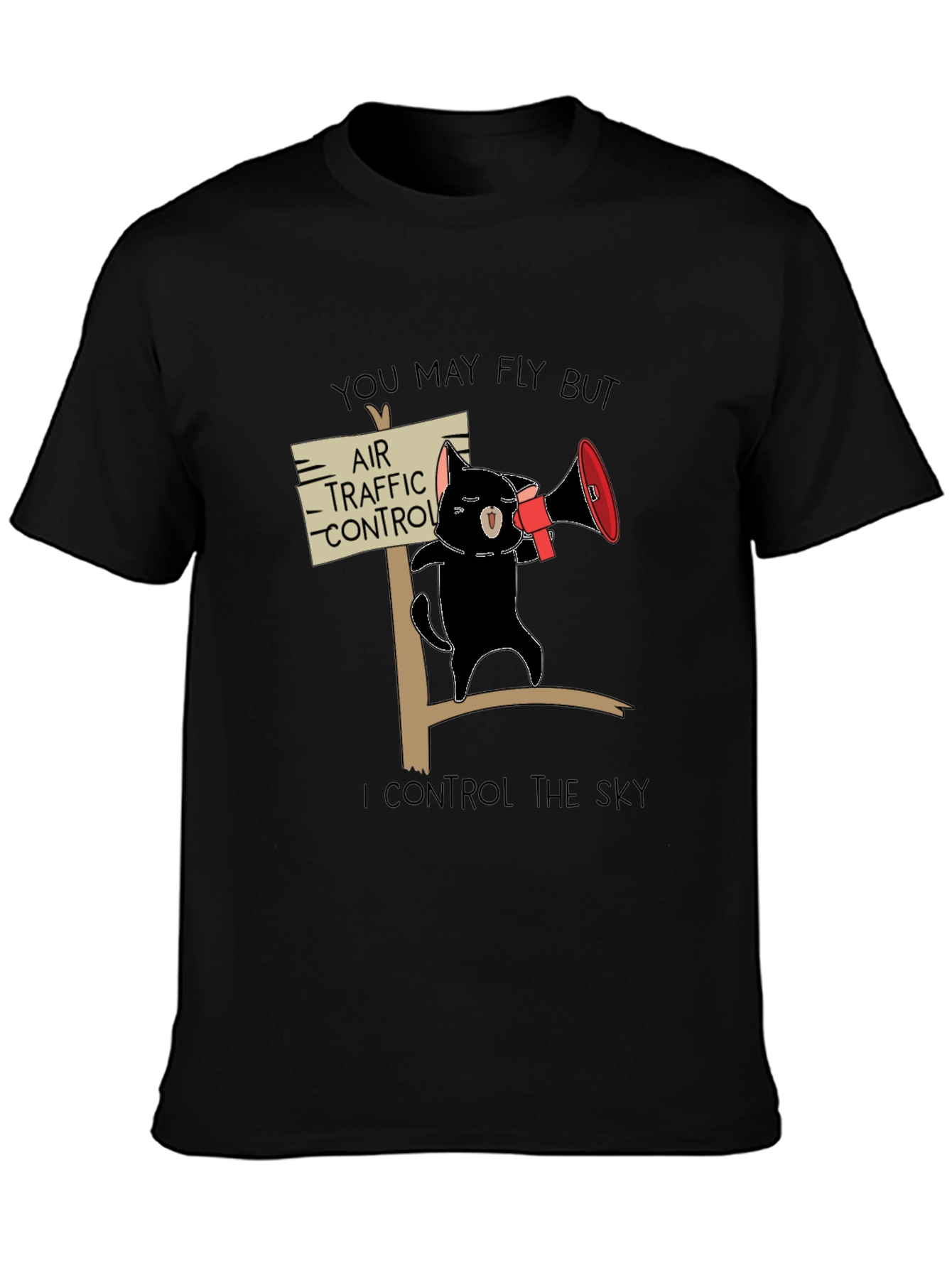 Black Air Traffic Control Cat T-Shirt - Funny Pilot Gift view 3
