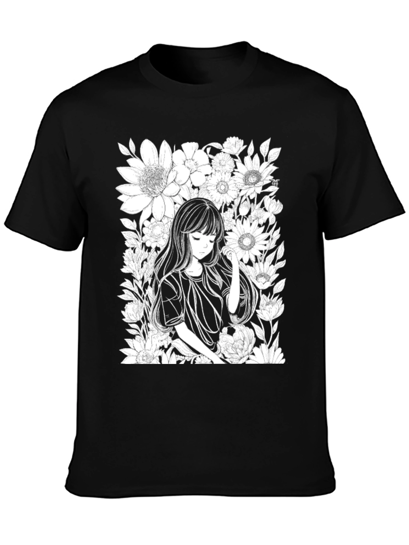 Black Anime Girl Floral T-Shirt - Black Cotton Tee view 3