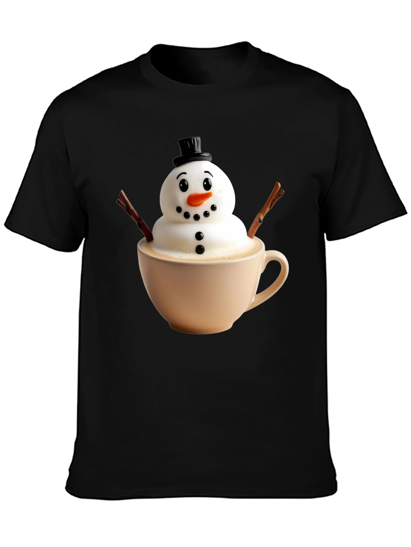 Black Whimsical Snowman Latte Art T-Shirt view 3